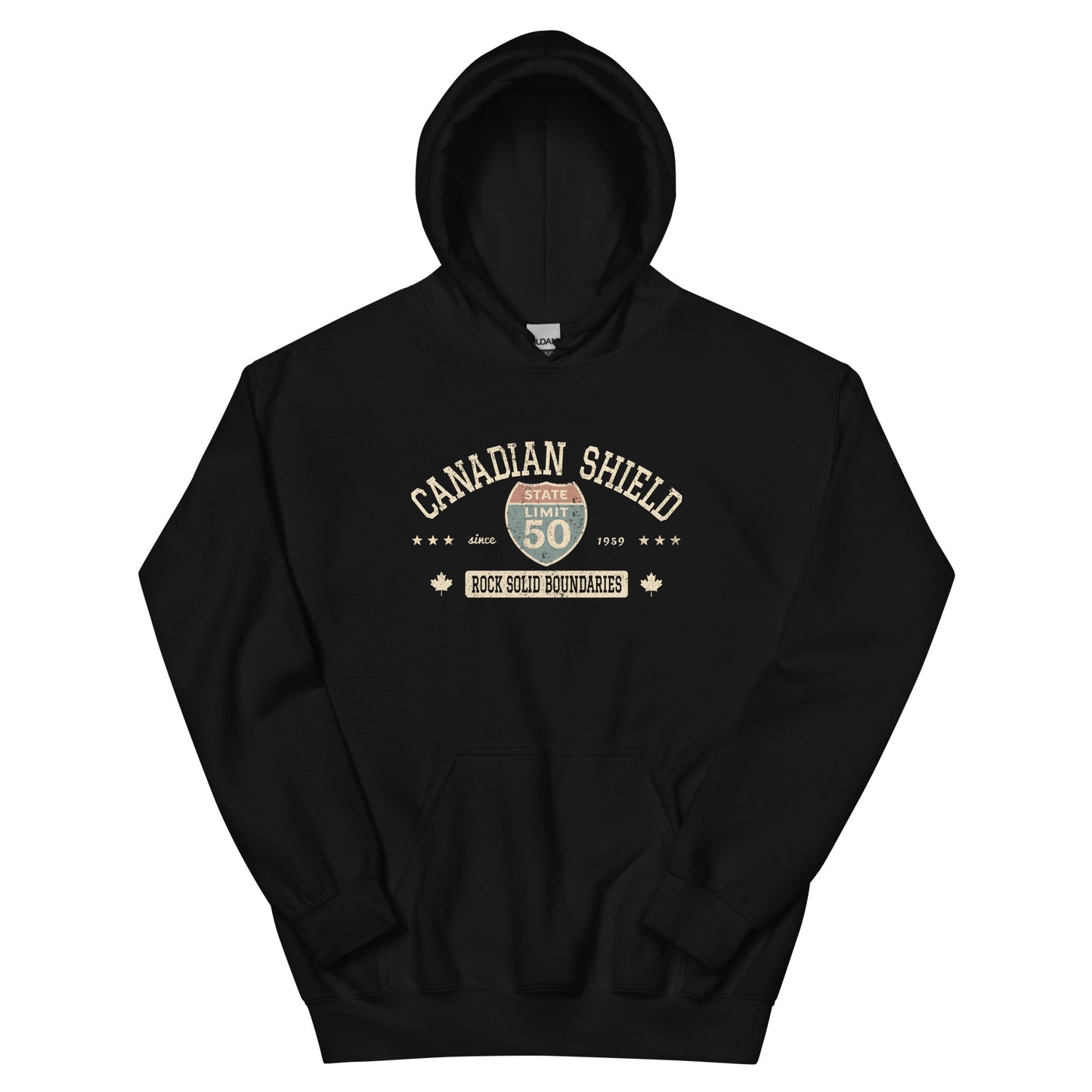 Black graphic hoodie with a 'Canadian Shield | Rock Solid' road sign inspired design by State Limit Apparel.