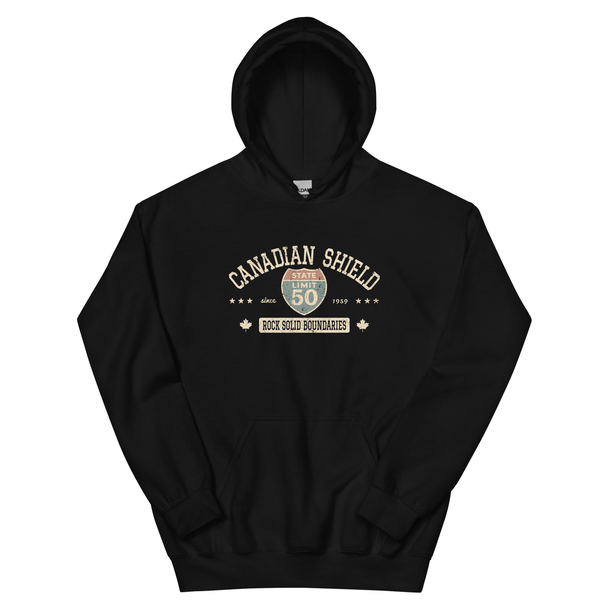 Black graphic hoodie with a 'Canadian Shield | Rock Solid' road sign inspired design by State Limit Apparel.