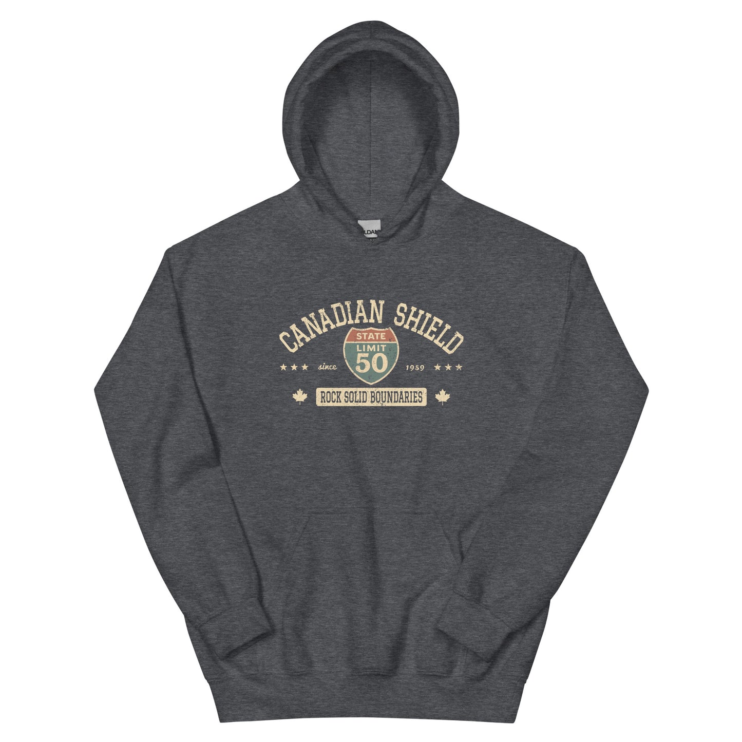 Dark Heather graphic hoodie with a 'Canadian Shield | Rock Solid' road sign inspired design by State Limit Apparel.