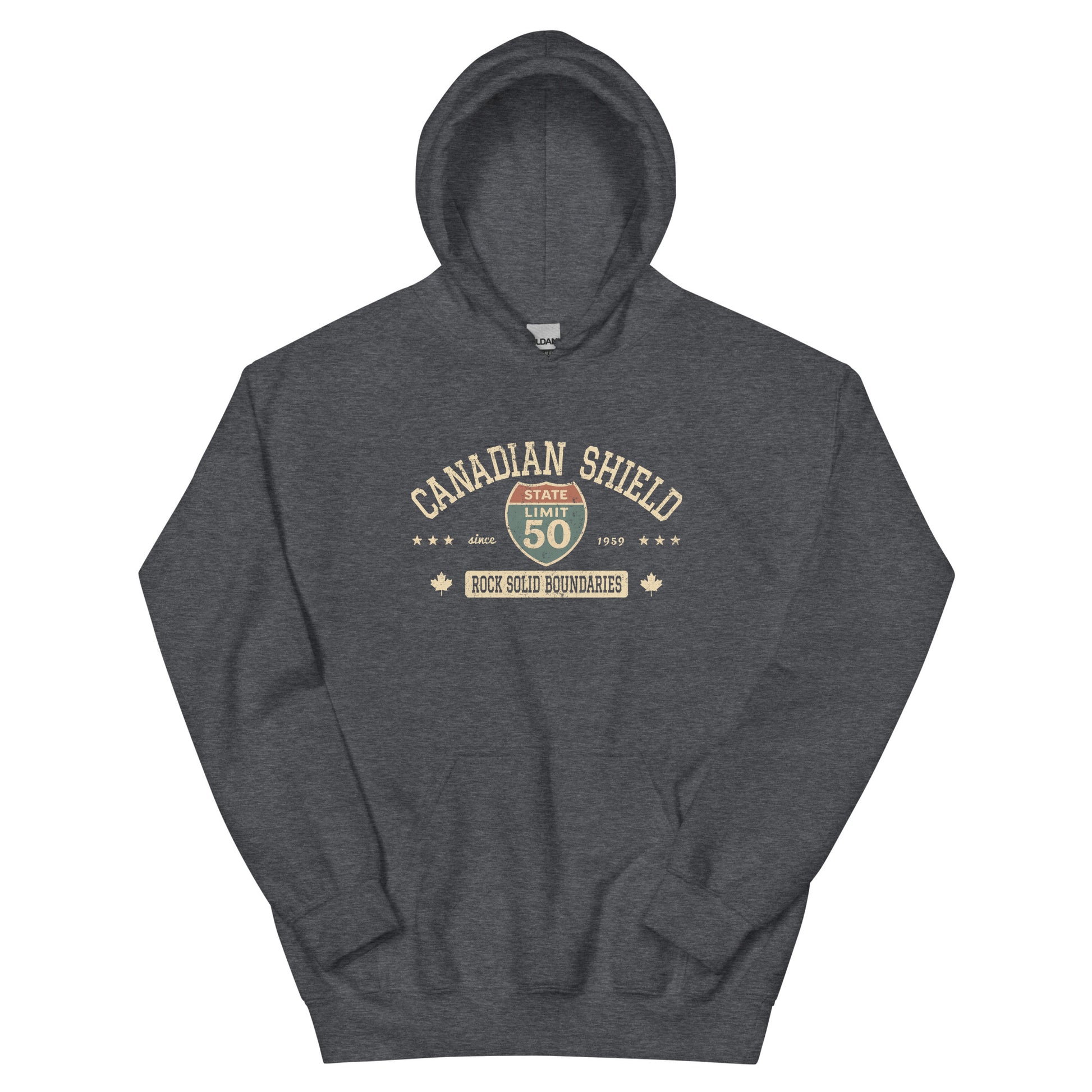 Dark Heather graphic hoodie with a 'Canadian Shield | Rock Solid' road sign inspired design by State Limit Apparel.