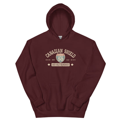 Maroon graphic hoodie with a 'Canadian Shield | Rock Solid' road sign inspired design by State Limit Apparel.