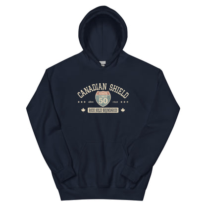 Navy blue graphic hoodie with a 'Canadian Shield | Rock Solid' road sign inspired design by State Limit Apparel.
