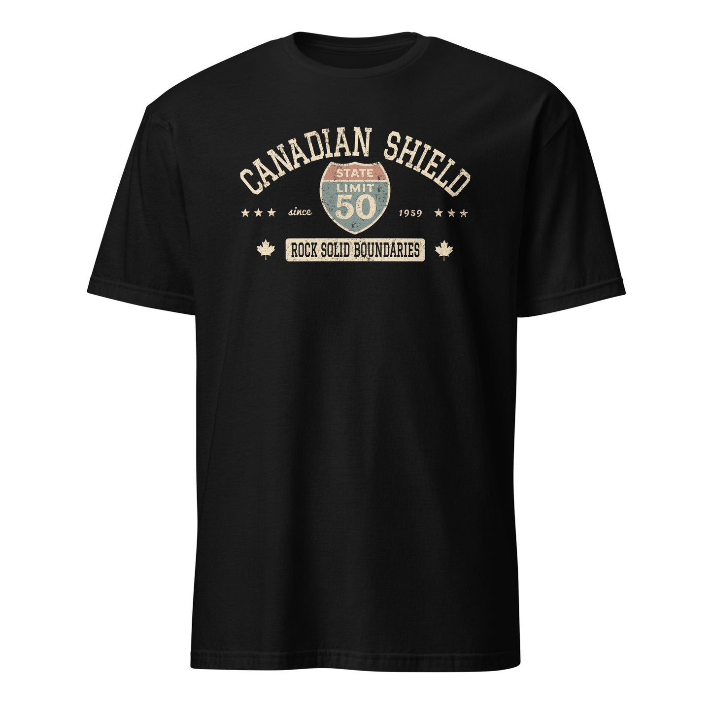 Black graphic t-shirt with a 'Canadian Shield | Rock Solid' road sign design by State Limit Apparel.
