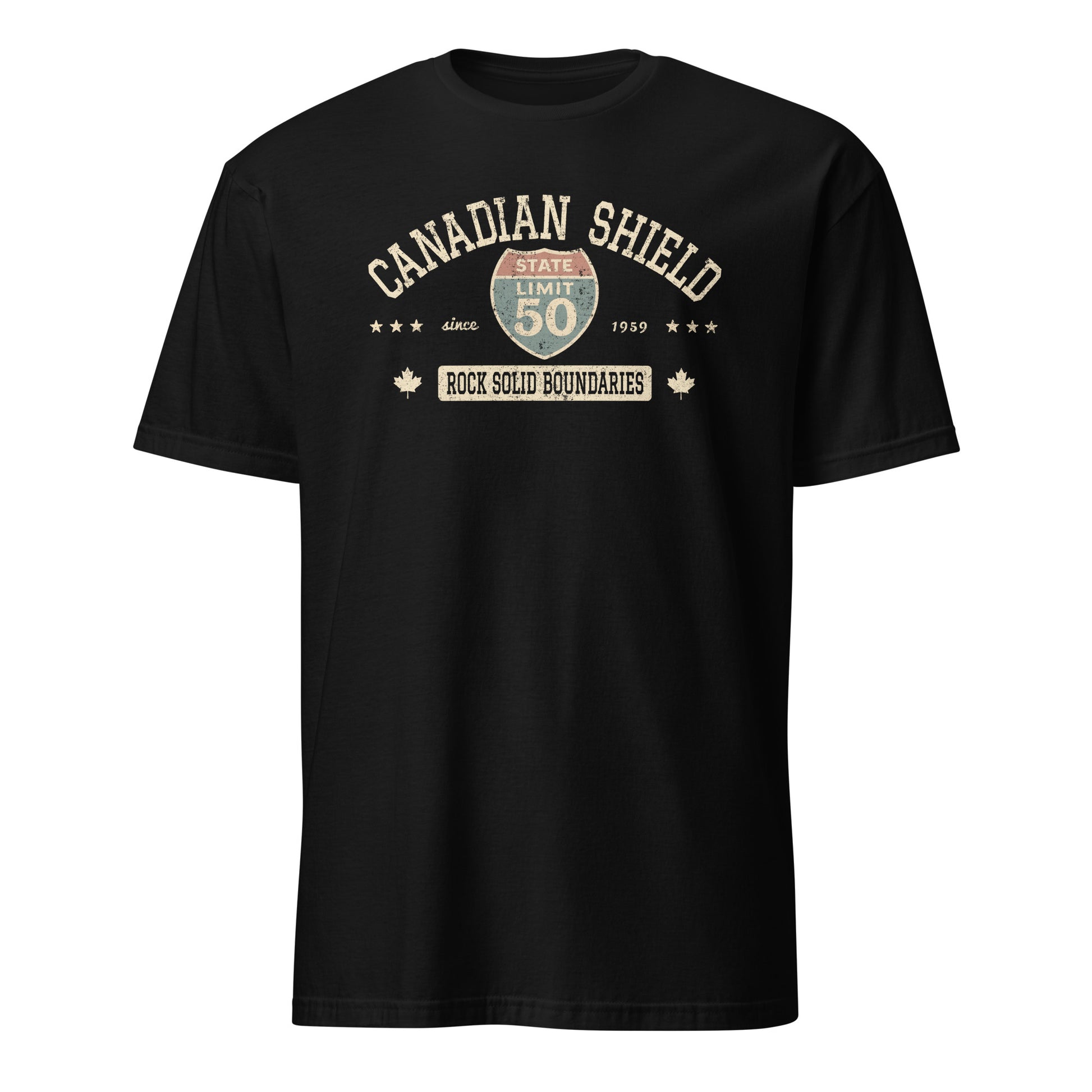 Black graphic t-shirt with a 'Canadian Shield | Rock Solid' road sign design by State Limit Apparel.