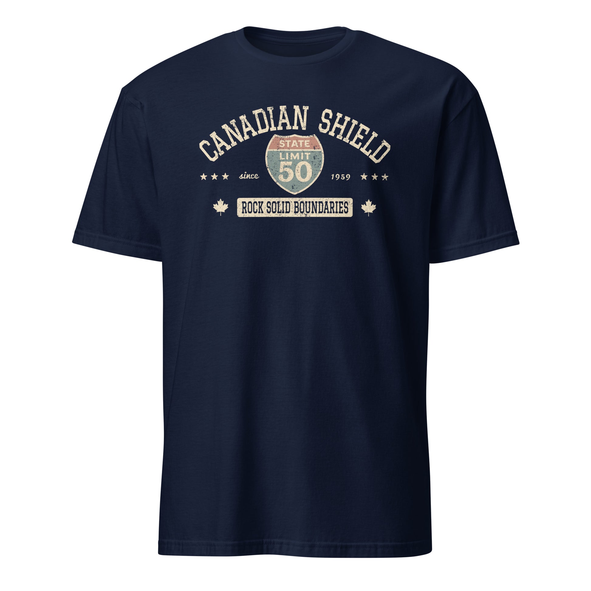 Navy blue graphic t-shirt with a 'Canadian Shield | Rock Solid' road sign design by State Limit Apparel.
