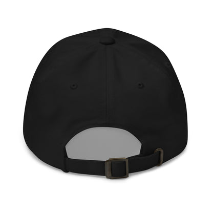 Back view of a black classic dad hat by State Limit Apparel showing the adjustable strap & antique buckle.