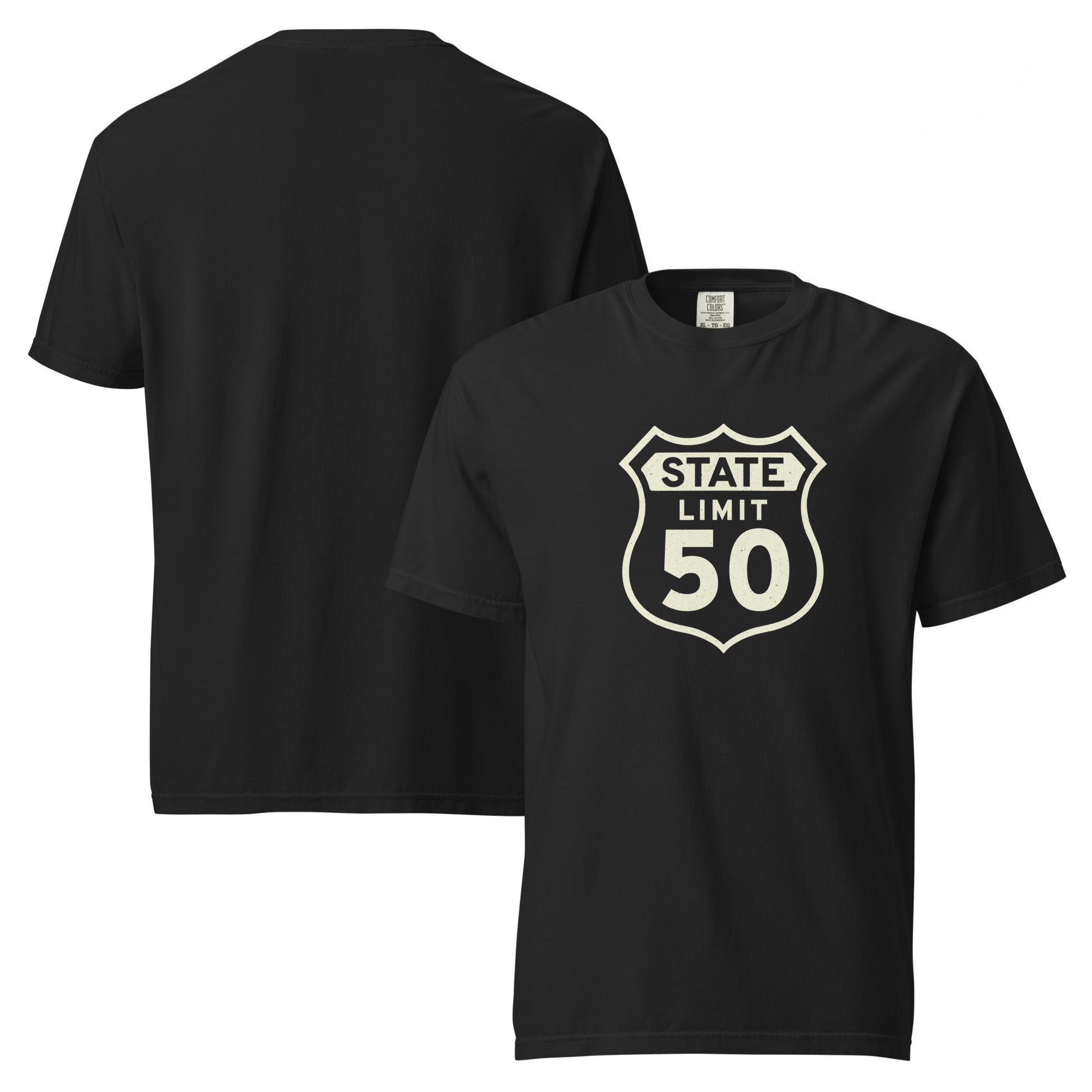 Black graphic t-shirt with a 'Route 50 | Canadian Sovereignty' road sign design by State Limit Apparel.