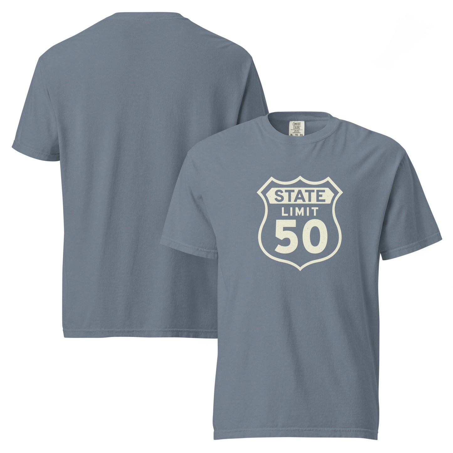 'Blue jean' graphic t-shirt with a 'Route 50 | Canadian Sovereignty' road sign design by State Limit Apparel.