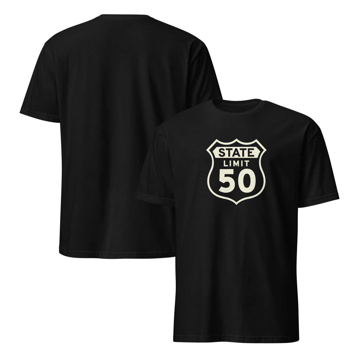 Black graphic t-shirt with a 'Route 50 | Canadian Sovereignty' road sign design by State Limit Apparel.