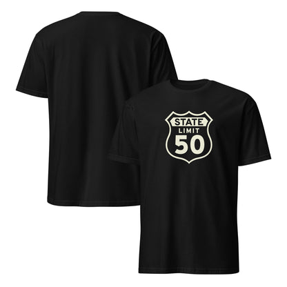 Black graphic t-shirt with a 'Route 50 | Canadian Sovereignty' road sign design by State Limit Apparel.