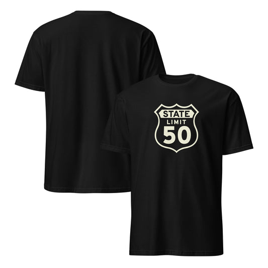 Black graphic t-shirt with a 'Route 50 | Canadian Sovereignty' road sign design by State Limit Apparel.