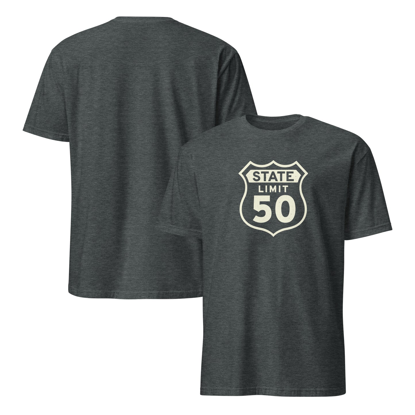Dark heather graphic t-shirt with a 'Route 50 | Canadian Sovereignty' road sign design by State Limit Apparel.