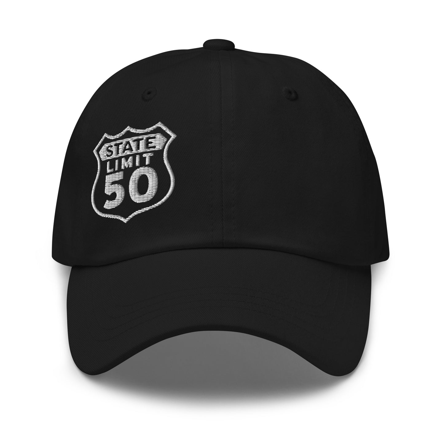 Black classic dad hat embroidered with a 'Route 50 | Canadian Sovereignty' graphic by State Limit Apparel.