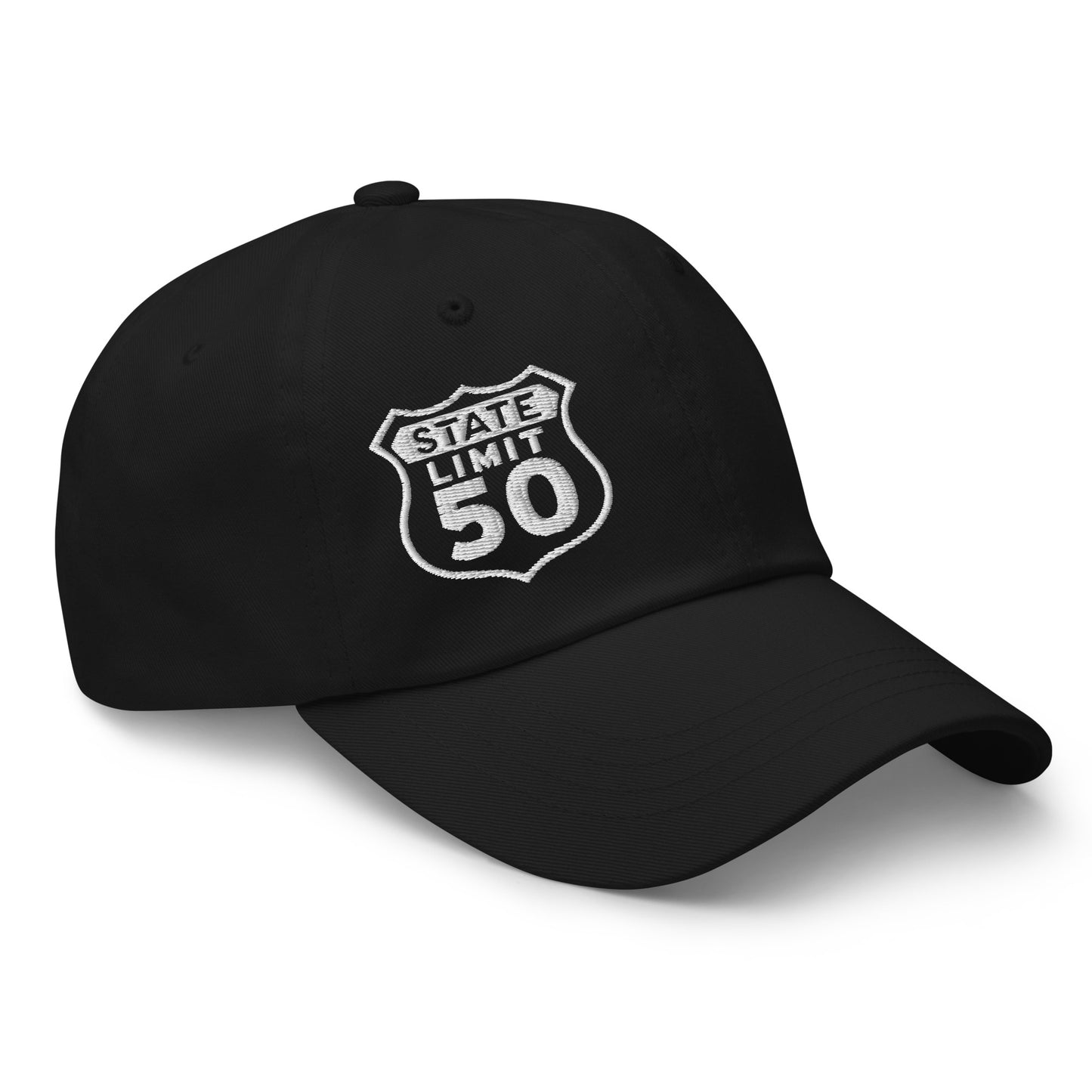 Black classic dad hat embroidered with a 'Route 50 | Canadian Sovereignty' graphic by State Limit Apparel.