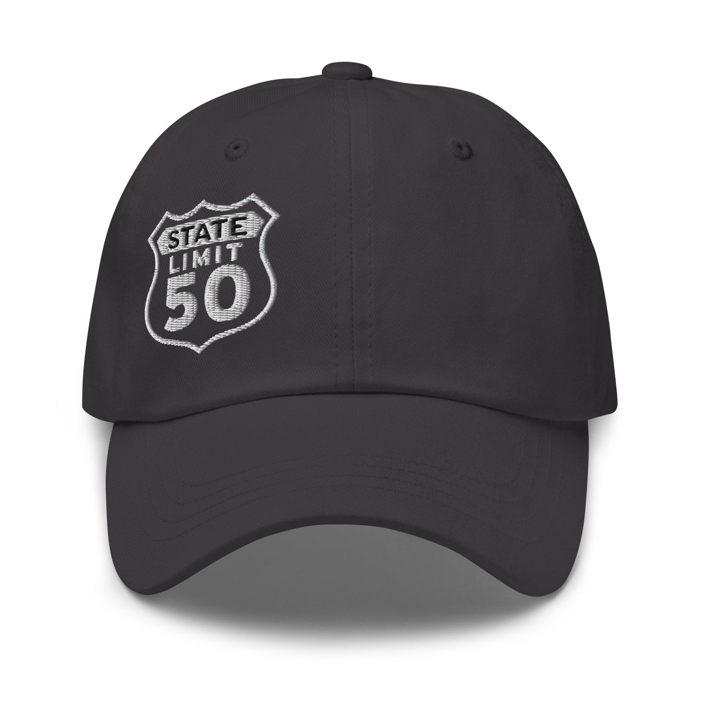 Dark grey classic dad hat embroidered with a 'Route 50 | Canadian Sovereignty' graphic by State Limit Apparel.