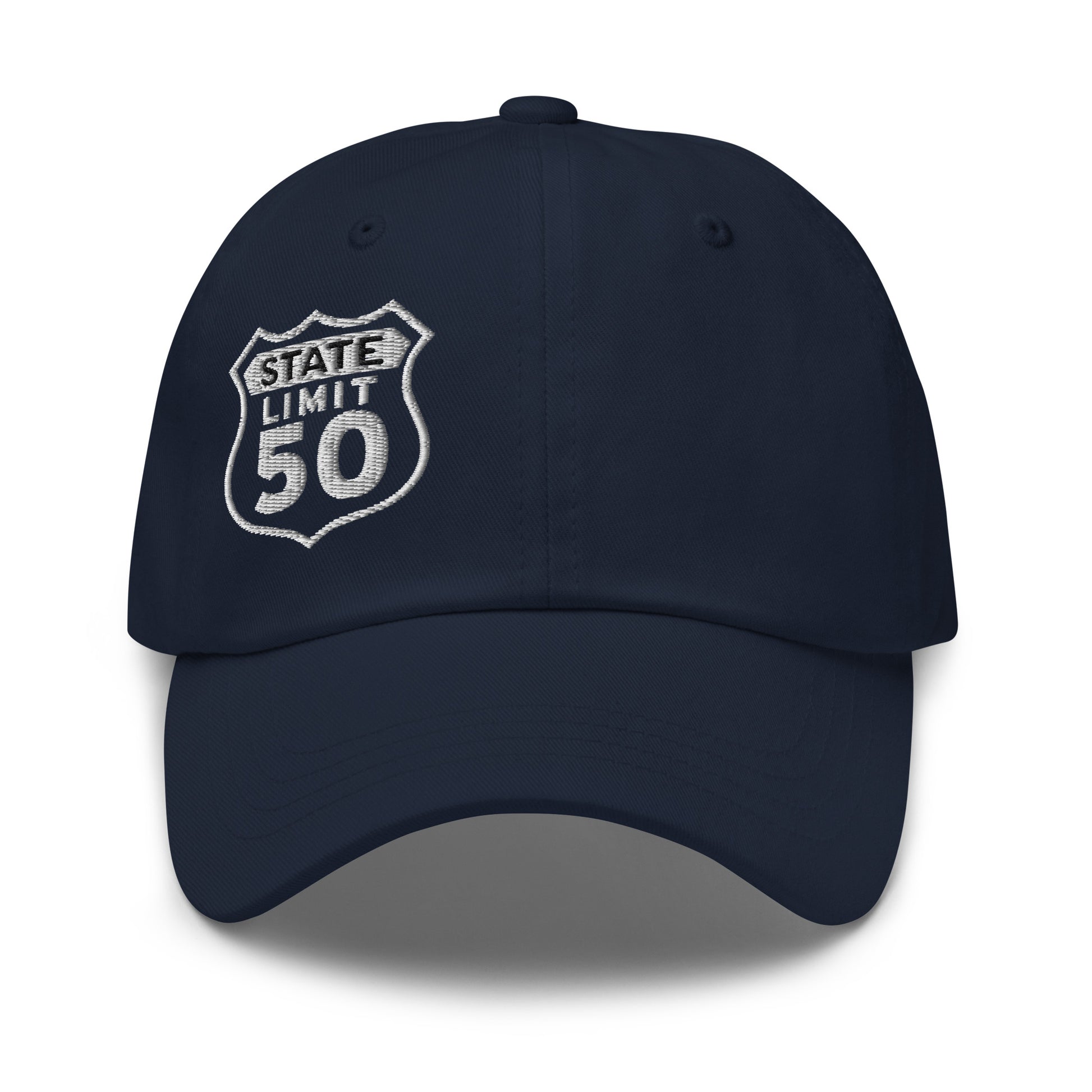 Navy blue classic dad hat embroidered with a 'Route 50 | Canadian Sovereignty' graphic by State Limit Apparel.