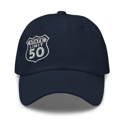 Navy blue classic dad hat embroidered with a 'Route 50 | Canadian Sovereignty' graphic by State Limit Apparel.