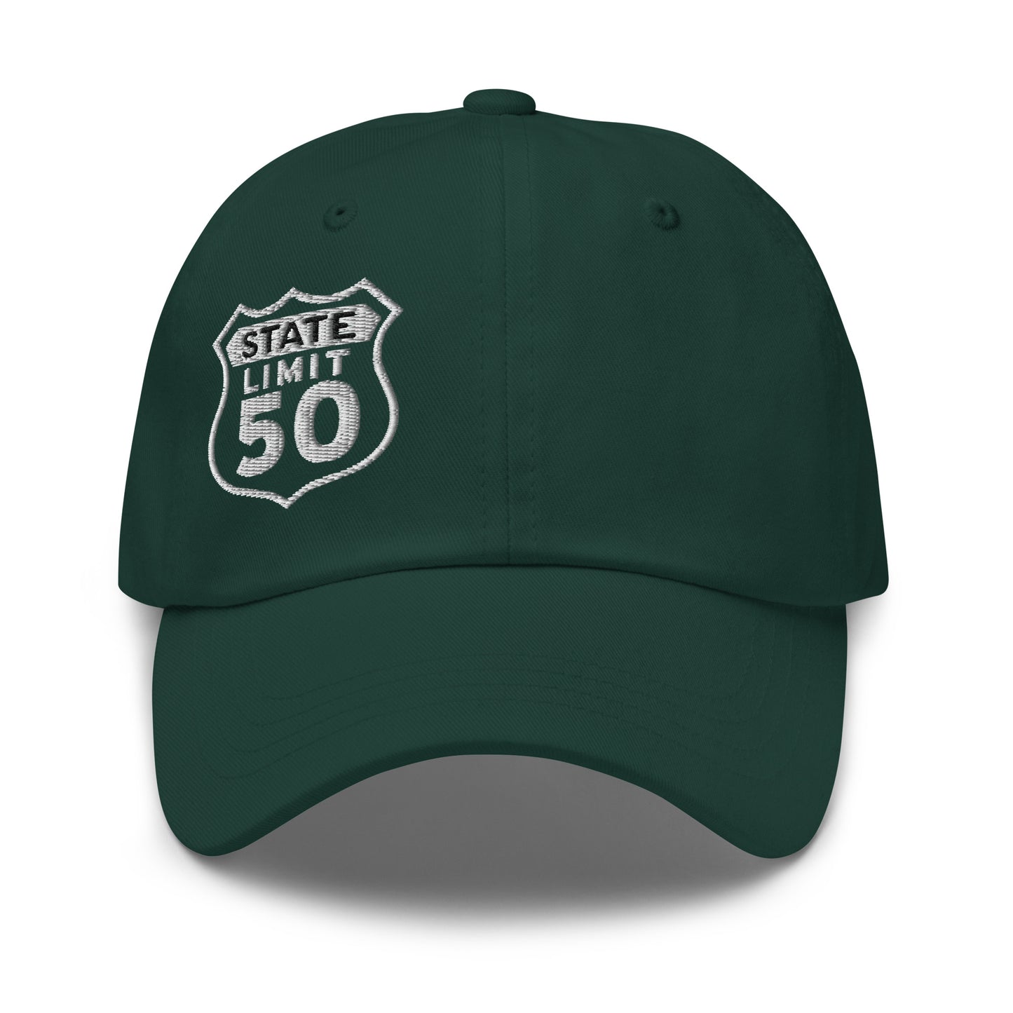 Spruce green classic dad hat embroidered with a 'Route 50 | Canadian Sovereignty' graphic by State Limit Apparel.