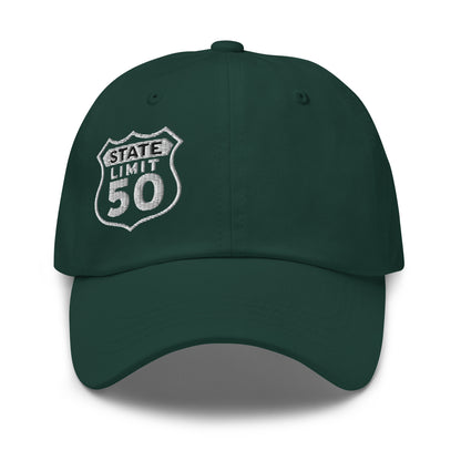 Spruce green classic dad hat embroidered with a 'Route 50 | Canadian Sovereignty' graphic by State Limit Apparel.