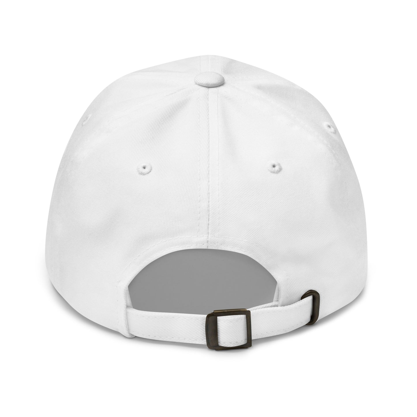 Back view of a white classic dad hat by State Limit Apparel showing the adjustable strap & antique buckle.