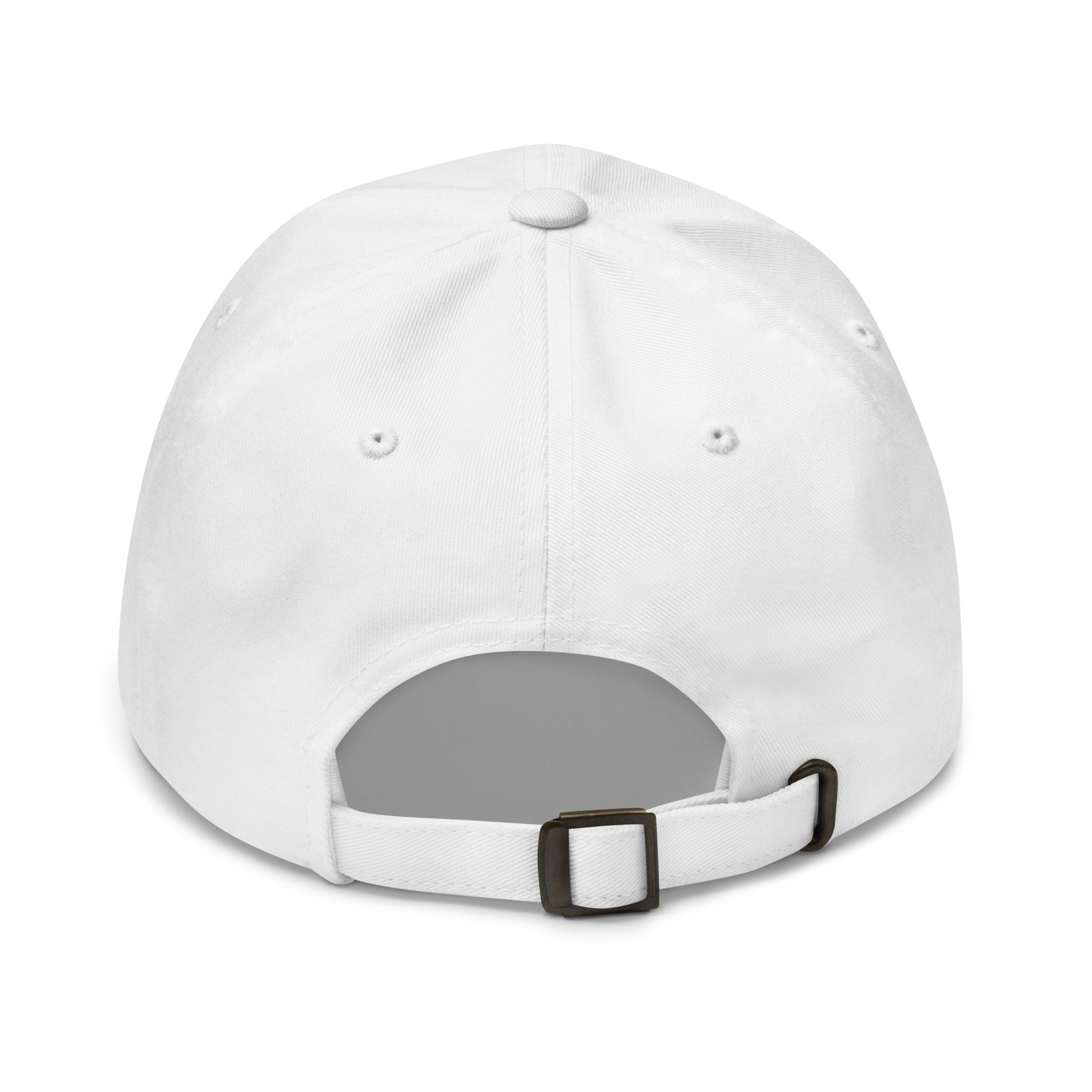 Back view of a white classic dad hat by State Limit Apparel showing the adjustable strap & antique buckle.