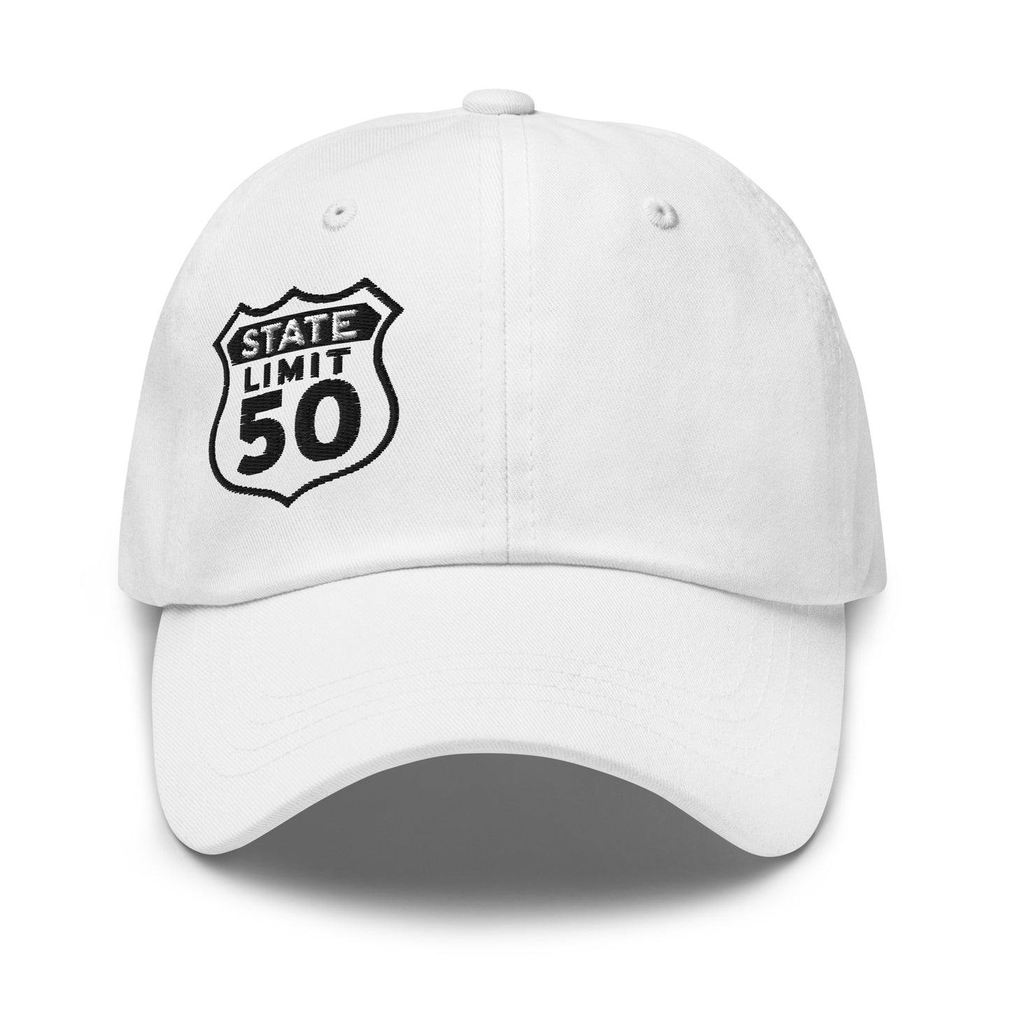 White classic dad hat embroidered with a 'Route 50 | Canadian Sovereignty' graphic by State Limit Apparel.