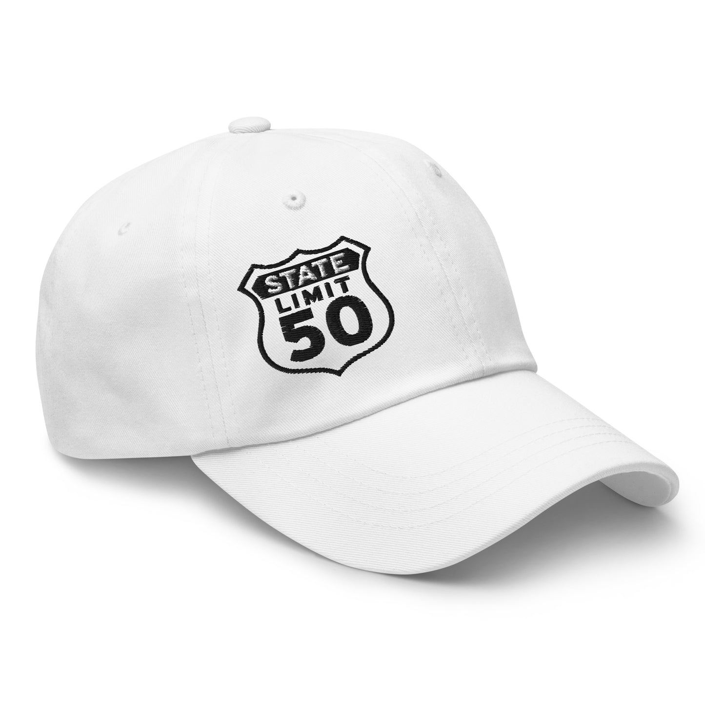 White classic dad hat embroidered with a 'Route 50 | Canadian Sovereignty' graphic by State Limit Apparel.