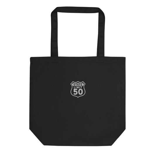 Black eco-tote bag embroidered with a 'Route 50 | Canadian Sovereignty' graphic by State Limit Apparel.