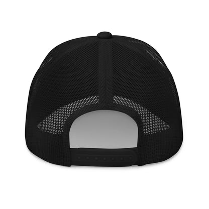 Back view of a black retro trucker hat by State Limit Apparel showing the back mesh & adjustable plastic snap closure.