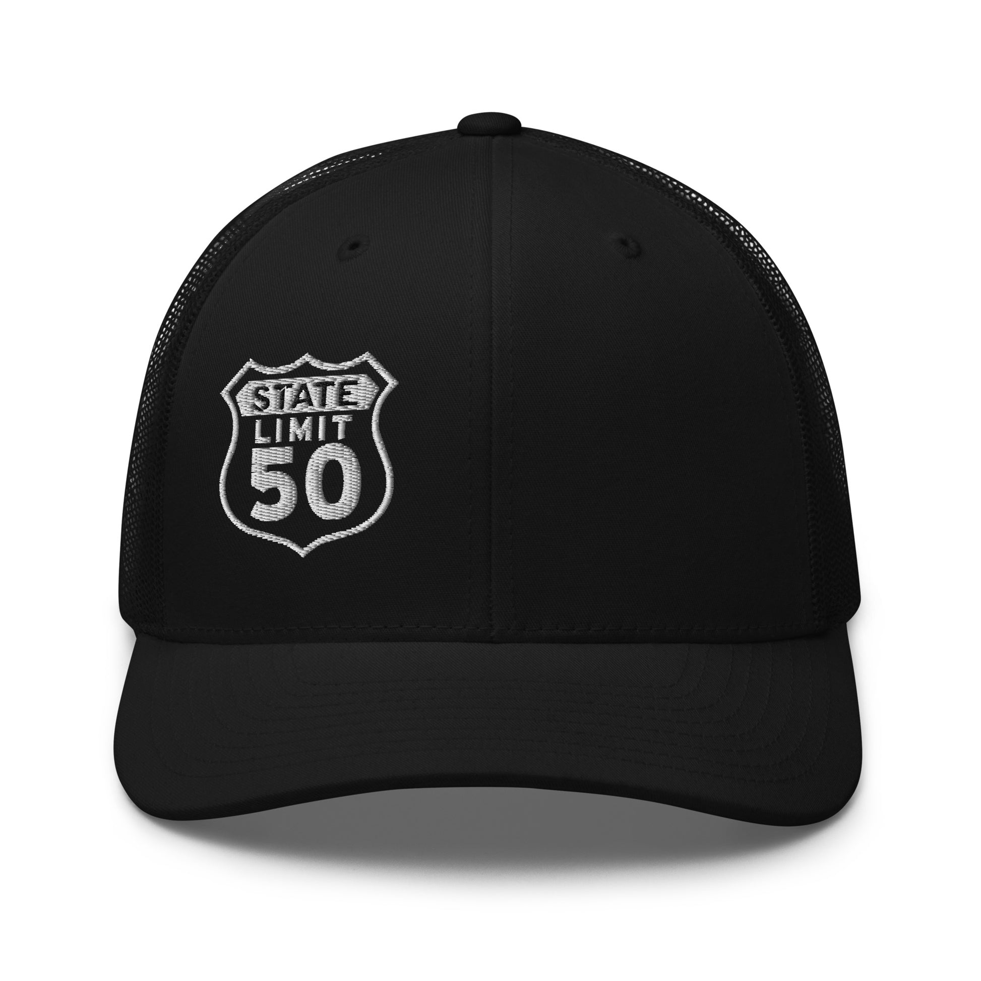 Black retro trucker hat embroidered with a 'Route 50 | Canadian Sovereignty' graphic by State Limit Apparel.