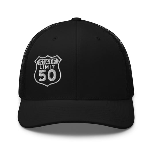 Black retro trucker hat embroidered with a 'Route 50 | Canadian Sovereignty' graphic by State Limit Apparel.