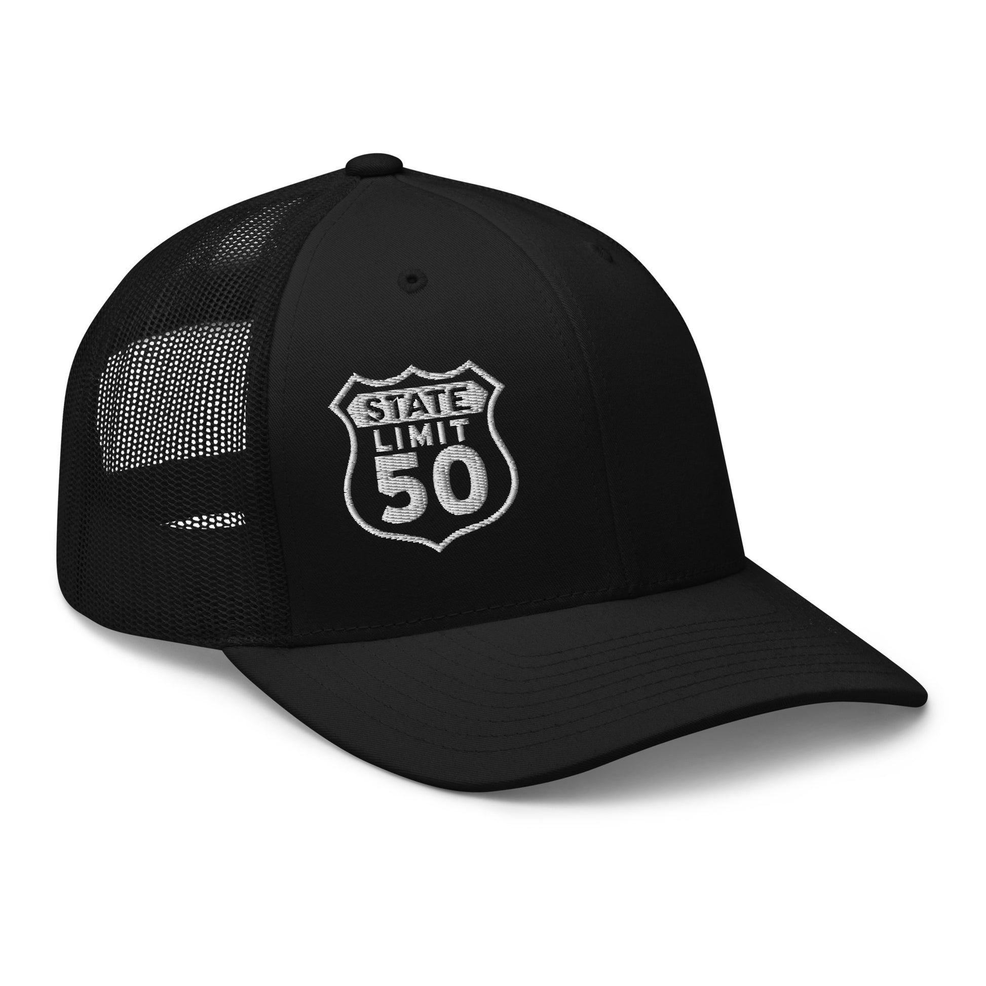 Black retro trucker hat embroidered with a 'Route 50 | Canadian Sovereignty' graphic by State Limit Apparel.