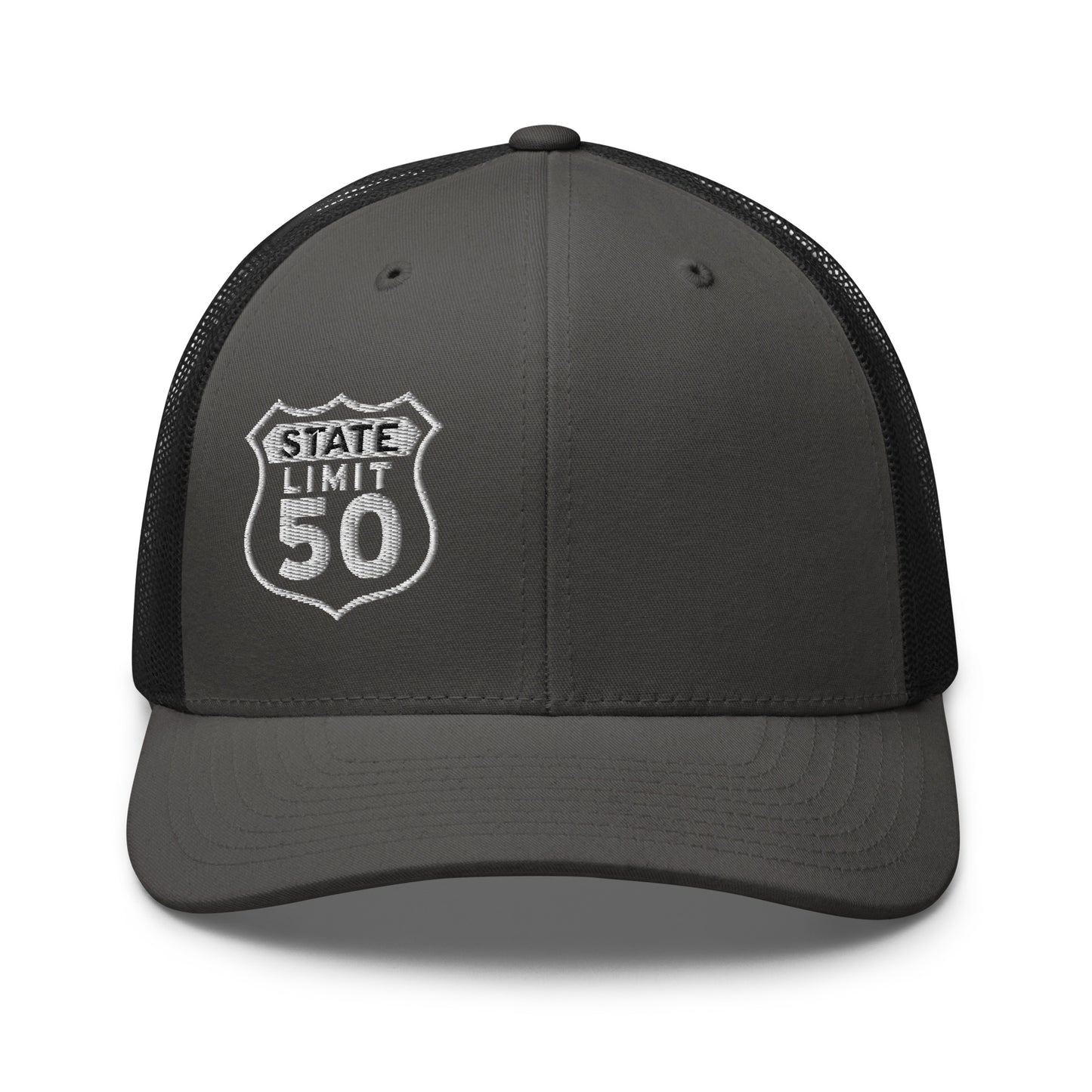 Charcoal-black retro trucker hat embroidered with a 'Route 50 | Canadian Sovereignty' graphic by State Limit Apparel.