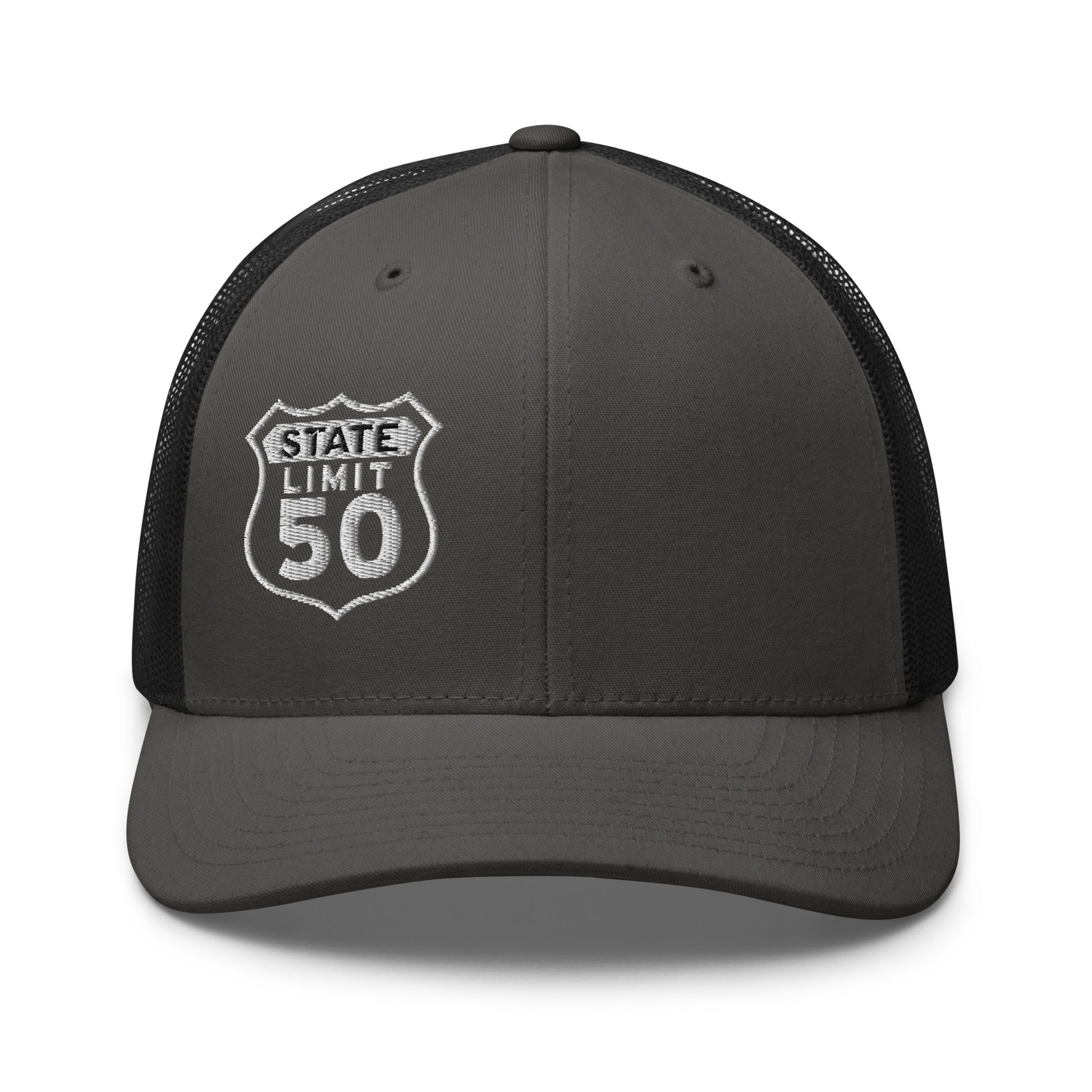 Charcoal-black retro trucker hat embroidered with a 'Route 50 | Canadian Sovereignty' graphic by State Limit Apparel.