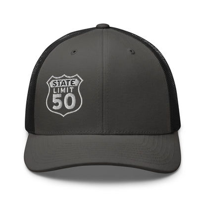 Charcoal-black retro trucker hat embroidered with a 'Route 50 | Canadian Sovereignty' graphic by State Limit Apparel.