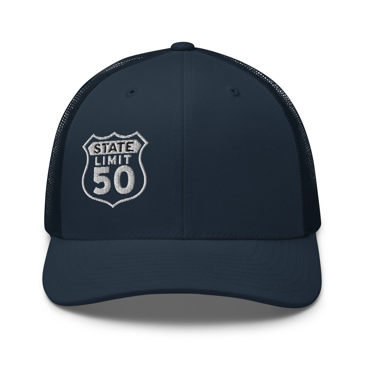 Navy blue retro trucker hat embroidered with a 'Route 50 | Canadian Sovereignty' graphic by State Limit Apparel.