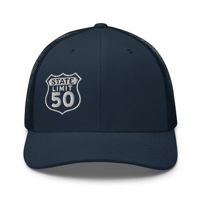 Navy blue retro trucker hat embroidered with a 'Route 50 | Canadian Sovereignty' graphic by State Limit Apparel.