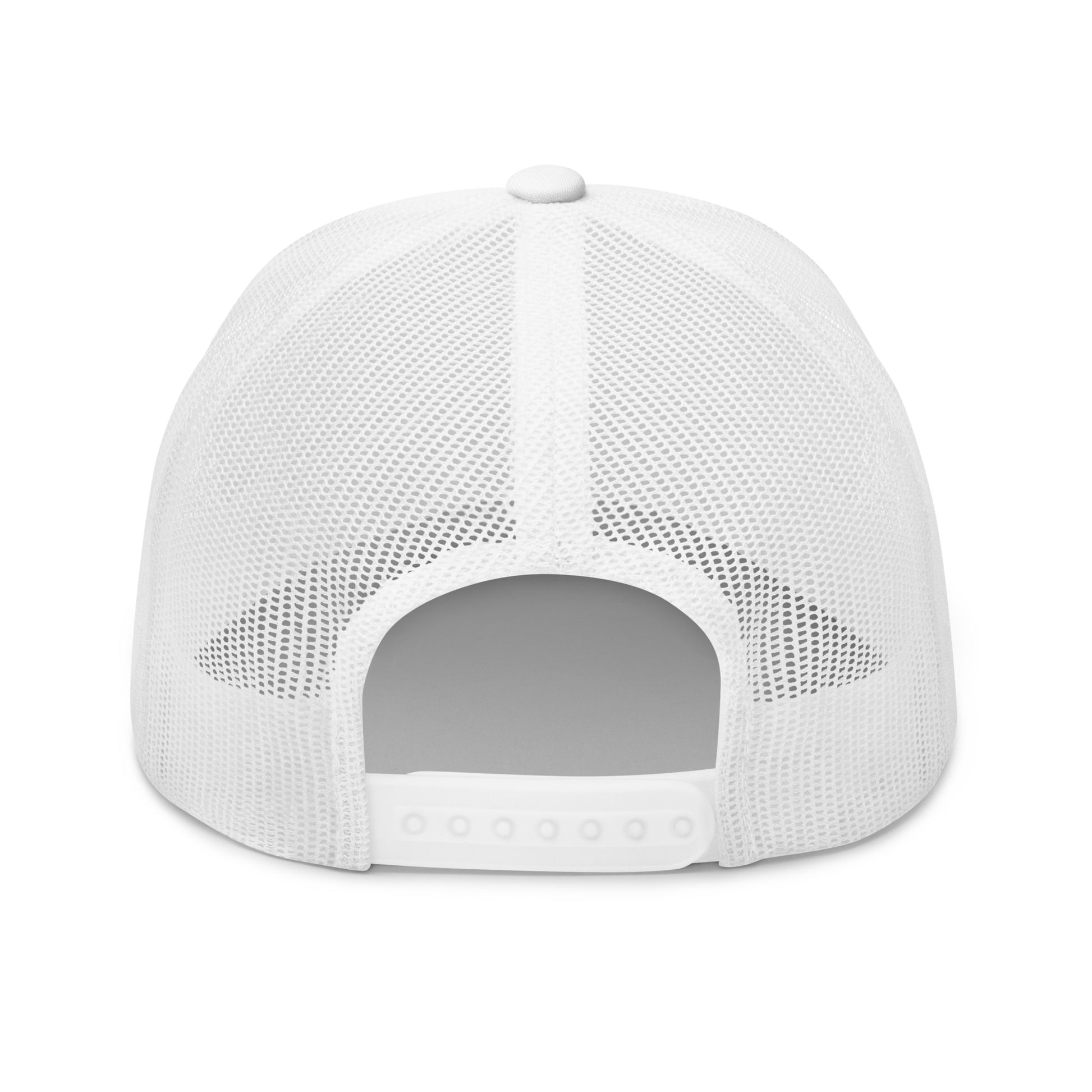Back view of a white retro trucker hat by State Limit Apparel showing the back mesh & adjustable plastic snap closure.