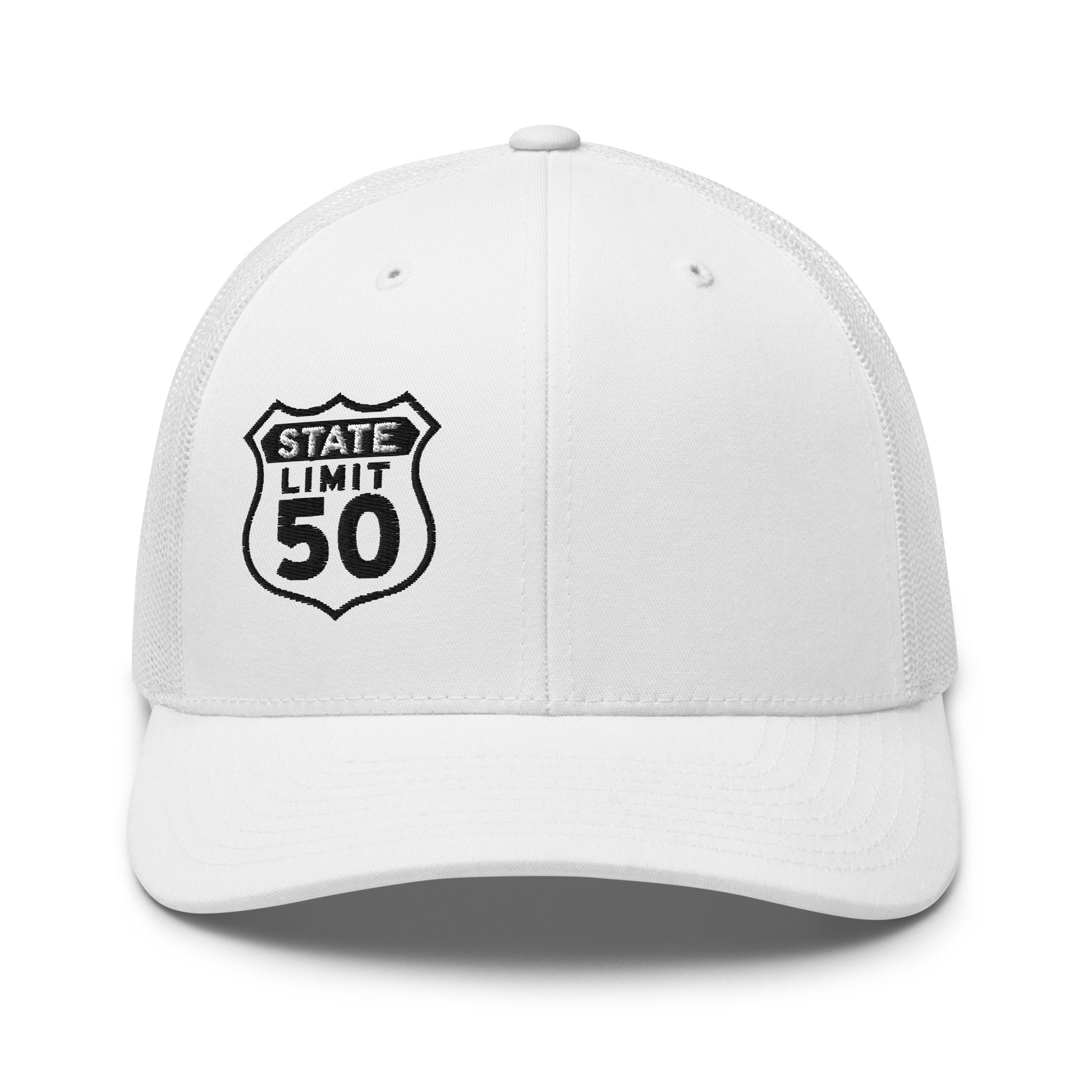 White retro trucker hat embroidered with a 'Route 50 | Canadian Sovereignty' graphic by State Limit Apparel.