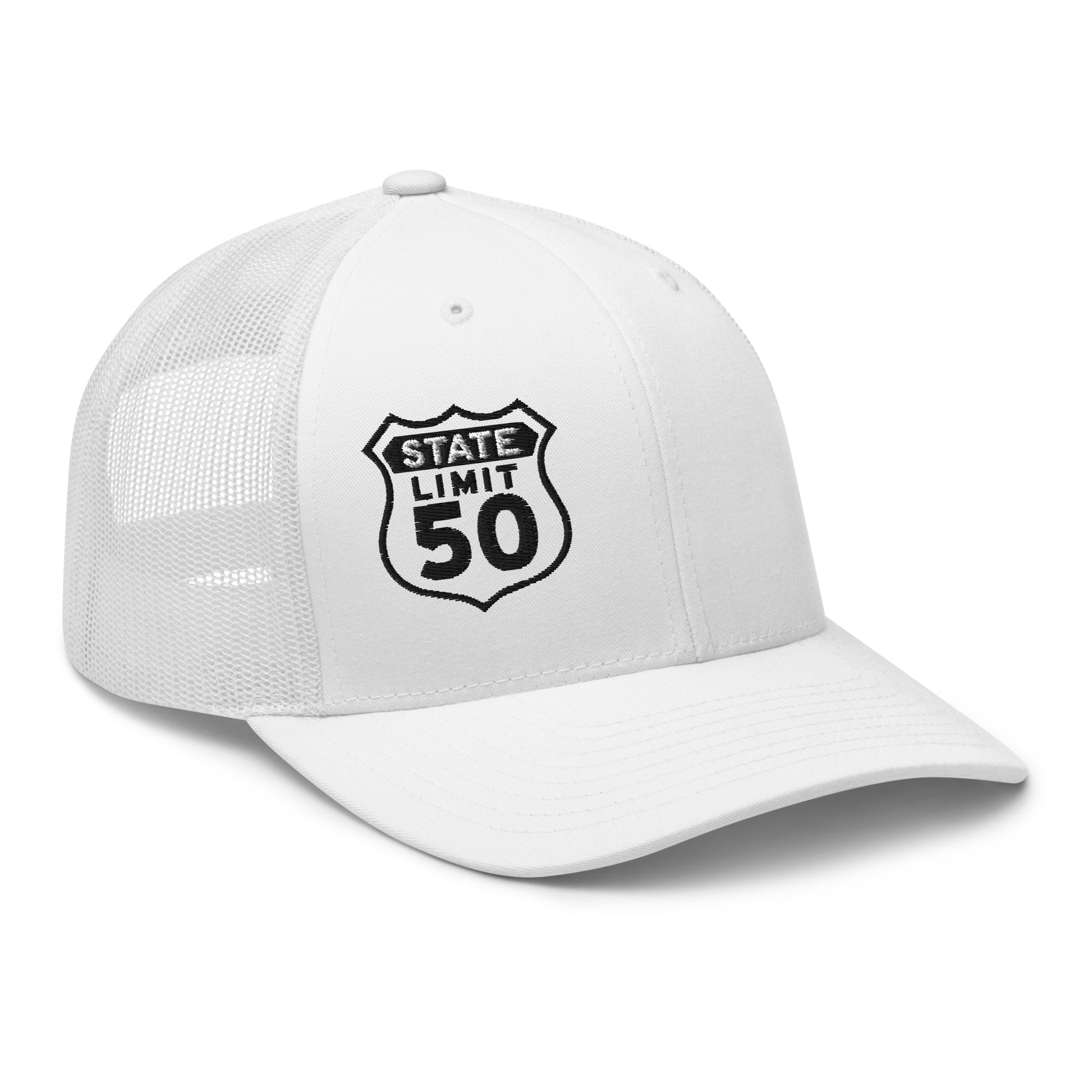 White retro trucker hat embroidered with a 'Route 50 | Canadian Sovereignty' graphic by State Limit Apparel.