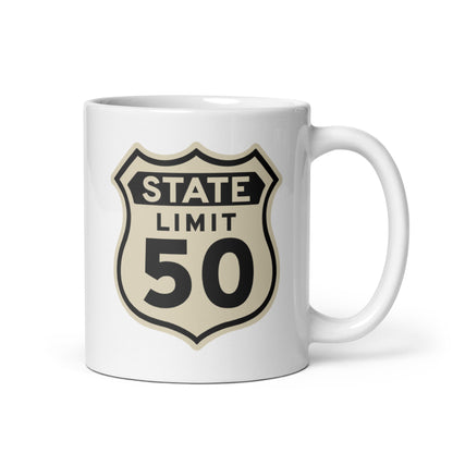 White ceramic mug with a 'Route 50 | Canadian Sovereignty' graphic by State Limit Apparel.