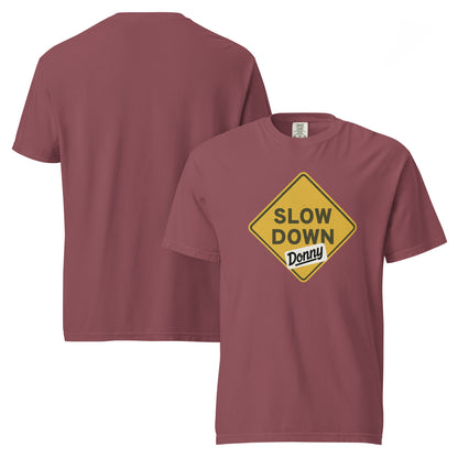 'Brick' graphic t-shirt with a 'Slow Down, Donny | We Have Our Limit Too' road sign design by State Limit Apparel.