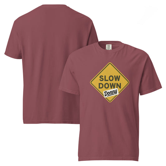 'Brick' graphic t-shirt with a 'Slow Down, Donny | We Have Our Limit Too' road sign design by State Limit Apparel.