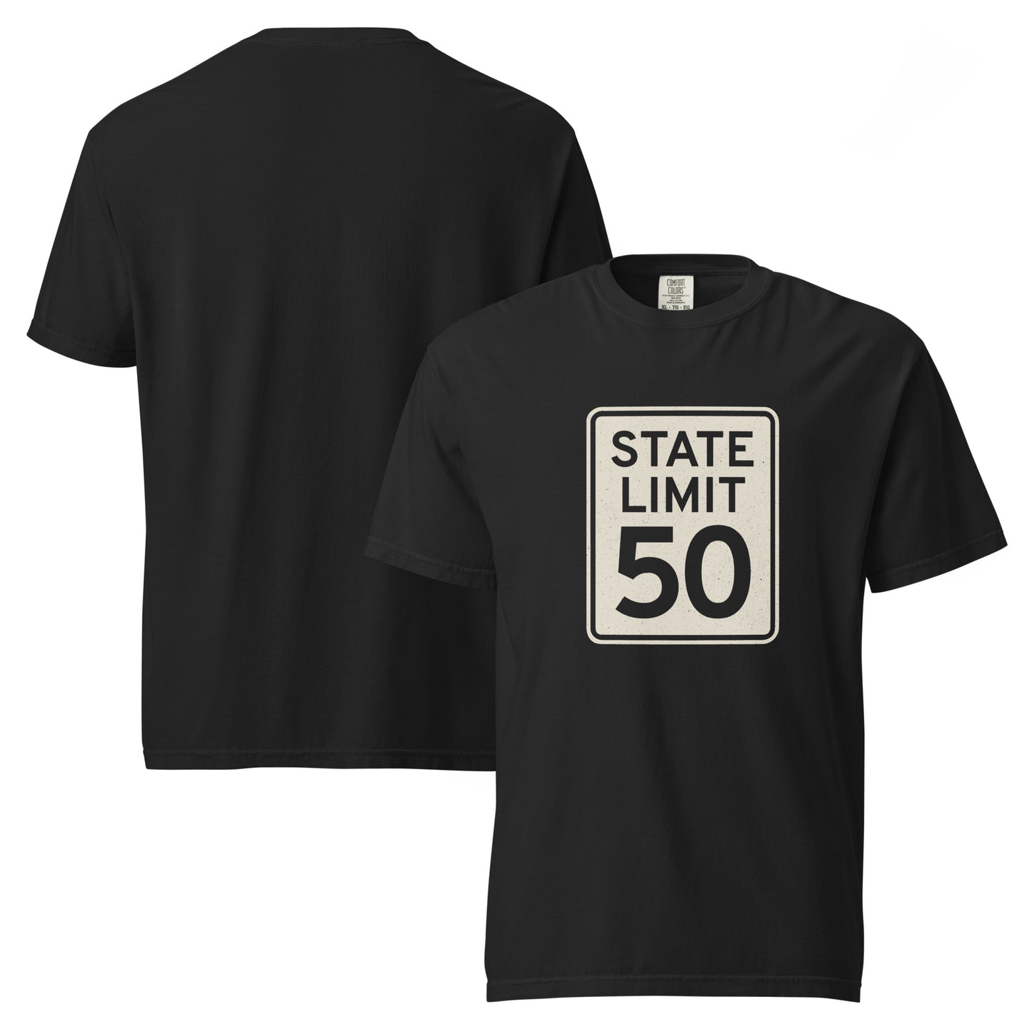 Black graphic t-shirt with a 'State Limit | Keep Canada Canadian' road sign design by State Limit Apparel.
