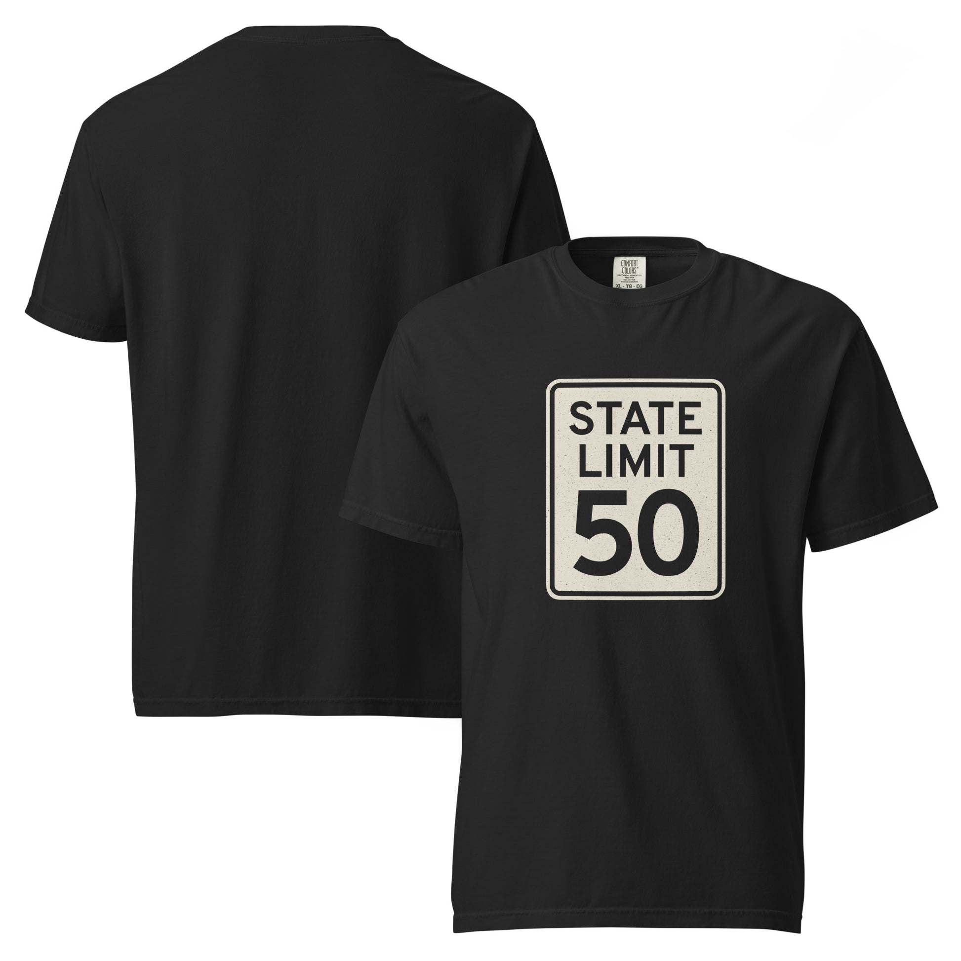 Black graphic t-shirt with a 'State Limit | Keep Canada Canadian' road sign design by State Limit Apparel.