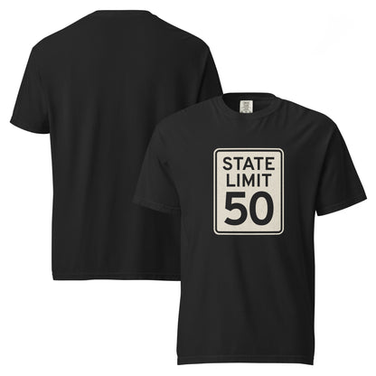 Black graphic t-shirt with a 'State Limit | Keep Canada Canadian' road sign design by State Limit Apparel.