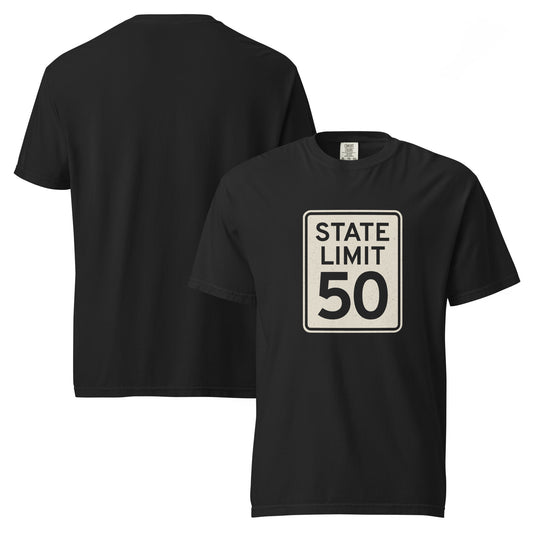 Black graphic t-shirt with a 'State Limit | Keep Canada Canadian' road sign design by State Limit Apparel.