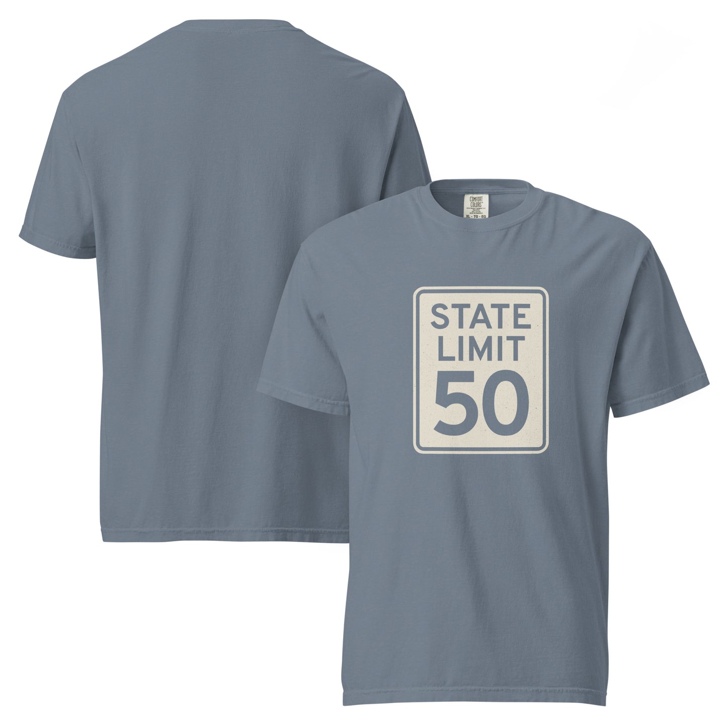 'Blue jean' graphic t-shirt with a 'State Limit | Keep Canada Canadian' road sign design by State Limit Apparel.
