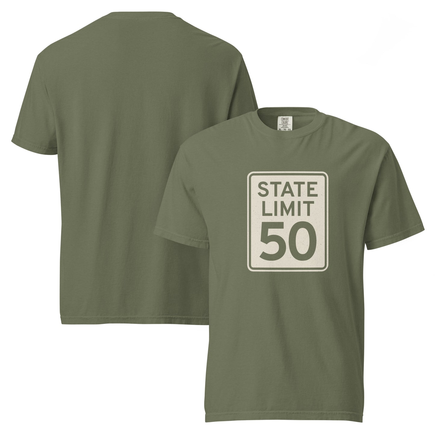 'Moss' graphic t-shirt with a 'State Limit | Keep Canada Canadian' road sign design by State Limit Apparel.