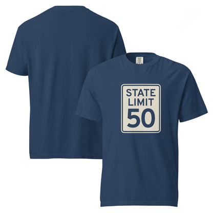 'True navy' graphic t-shirt with a 'State Limit | Keep Canada Canadian' road sign design by State Limit Apparel.